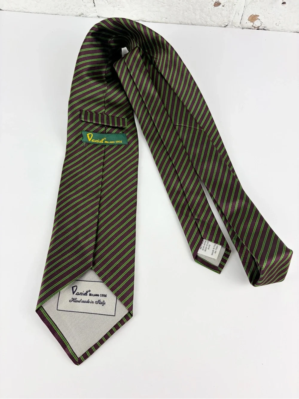 Daniel Milano Silk Pin Striped Green Brown Necktie Made Italy Neck Tie